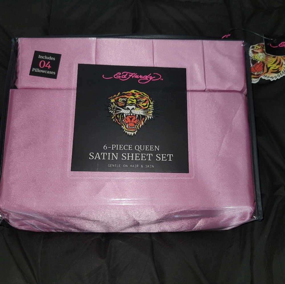 Ed Hardy Pink Satin Queen Sheet Set